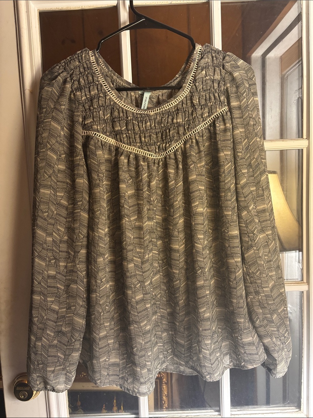 Maurices Olive Printed Smocked Peasant Blouse